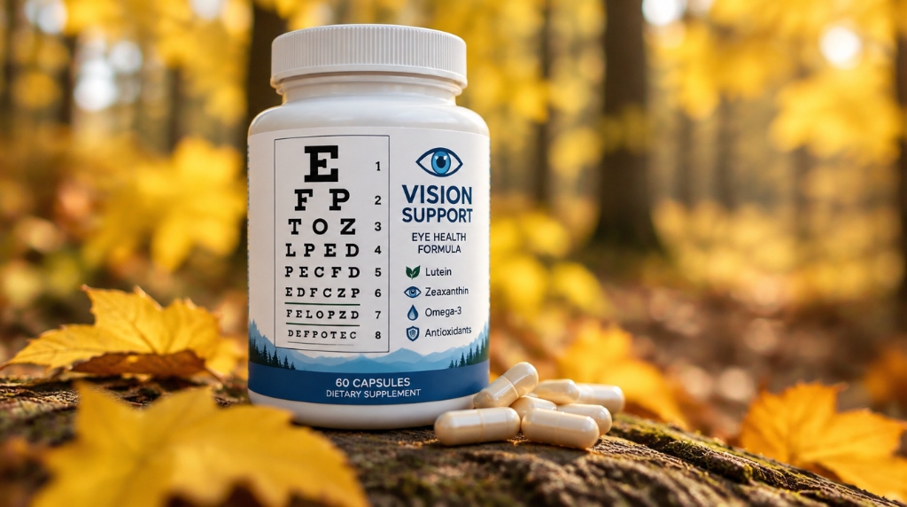 Ambalaj realist Vision Support Eye Health Formula cu capsule în cadru natural
